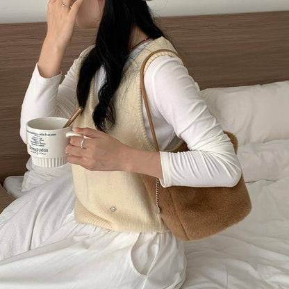 【バッグ】新作 レディース 人工ファー バケットバッグ シンプル 無地 高級感 ハンドバッグ