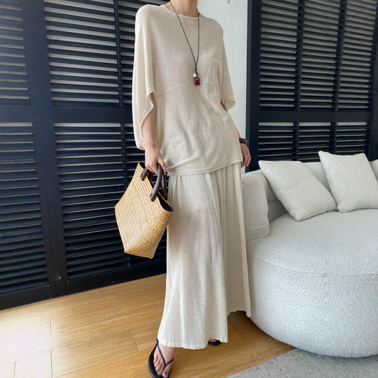 【セットアップ】ルーズでリラックス感 ドルマンスリーブ ニットトップス + ウエストゴム ハイウエストスカート 2点上下セット【JZシリーズ】