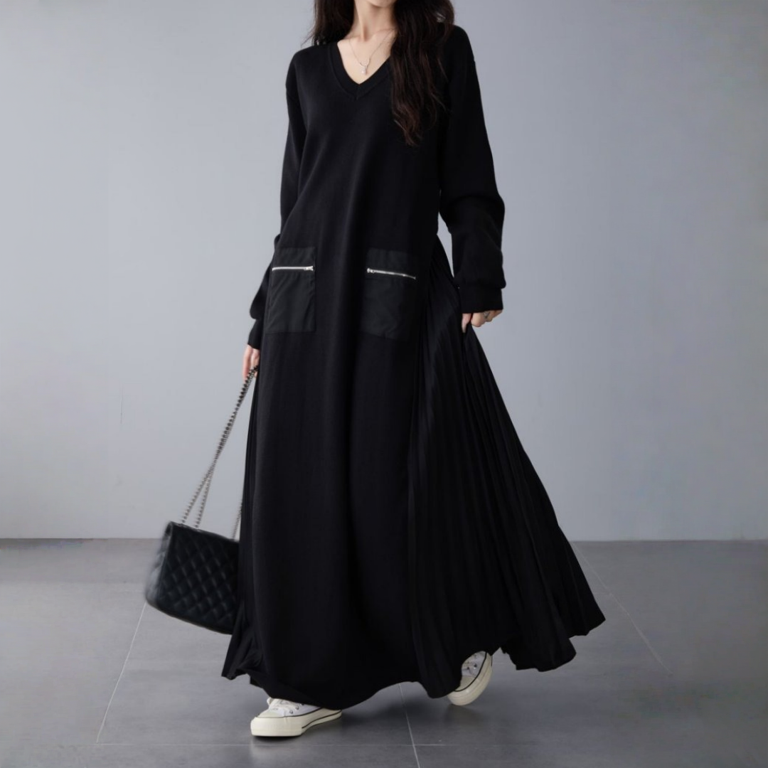 👀注目の新作👀【ワンピース】春 秋 冬 Vネック ニット プリーツ 長袖 ファスナー ワンピース 【JZシリーズ】