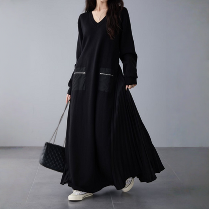 👀注目の新作👀【ワンピース】春 秋 冬 Vネック ニット プリーツ 長袖 ファスナー ワンピース 【JZシリーズ】