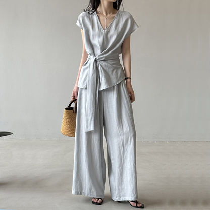 【セットアップ】【単品注文】夏 Vネック ノースリーブ シャツ + ワイドパンツ 2点上下セット 【SNシリーズ】