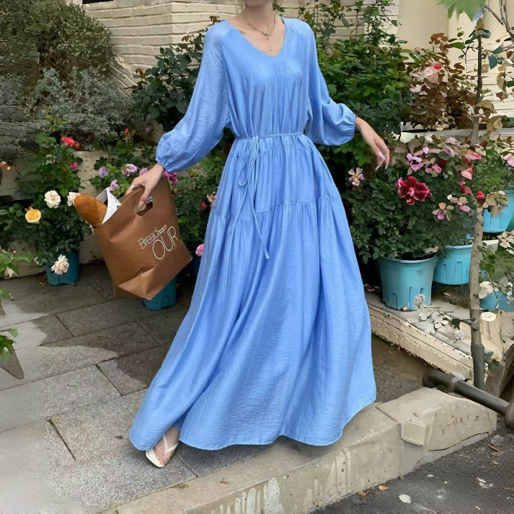 【ワンピース】7カラー 夏 韓国風 ゆったり 大きめサイズ ロング丈 無地 長袖ワンピース