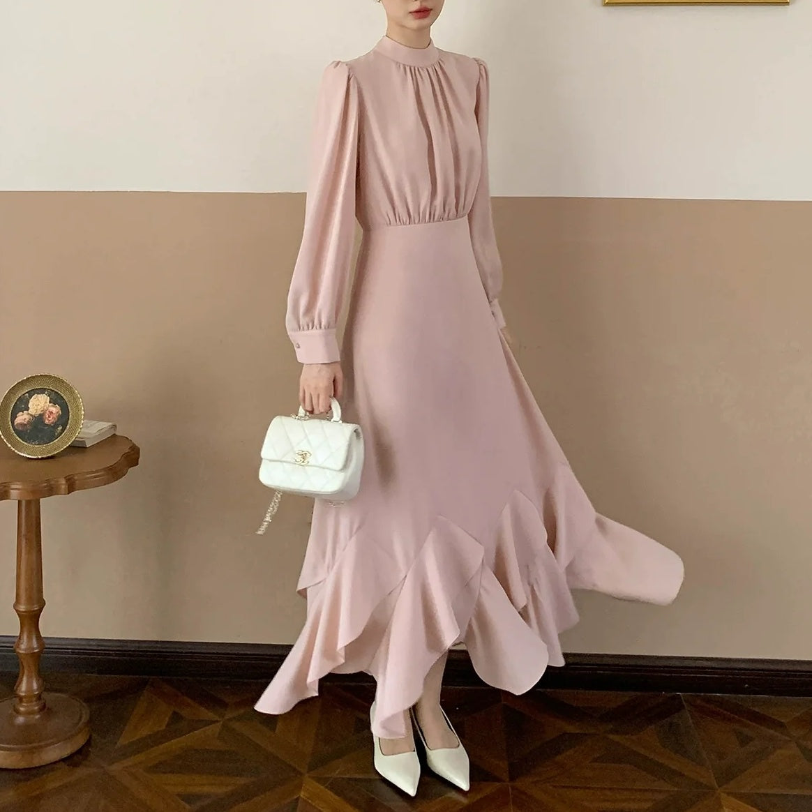 【ワンピース】春 秋 冬 花柄裾デザイン 通勤コーデ 立体裁断切り替え 長袖 ワンピース 【JZシリーズ】