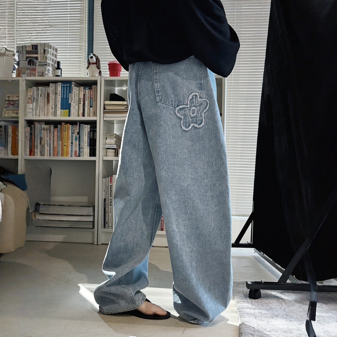 【ボトムス】デザイン性 ハイウエスト 花モチーフ アップリケ刺繍 デニムパンツ 【JZシリーズ】