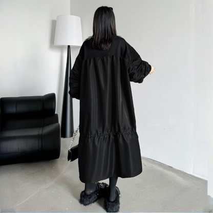 【ワンピース】春 秋 冬 クルーネック プリーツ配色切替 長袖 ワンピース 【AHシリーズ】