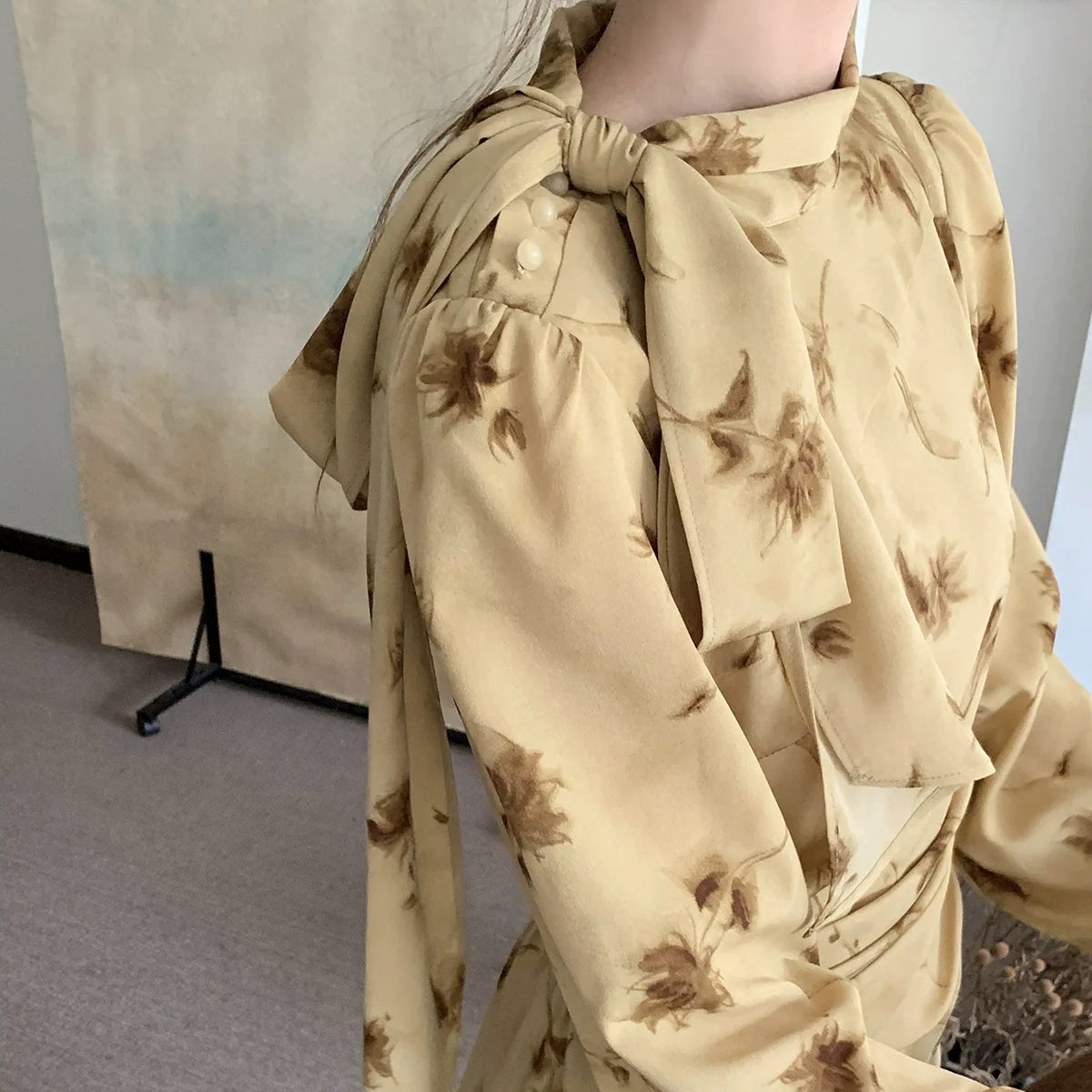 【ワンピース】春 秋 冬 リボンタイ襟 リント プリント ウエストマーク 花柄 ワンピース 【JZシリーズ】