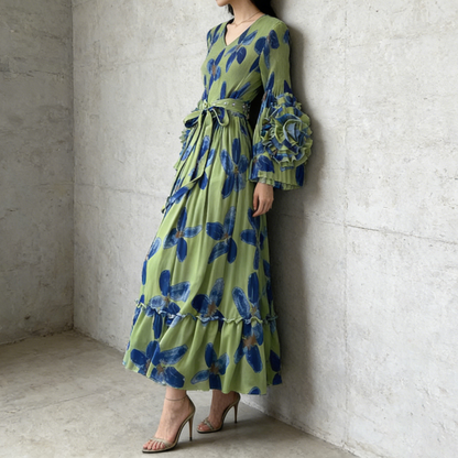 【ワンピース】フレンチ花柄ワンピース Vネック 長袖 立体フラワー フレアロング 着痩せ エレガント リゾートワンピ【SHシリーズ】