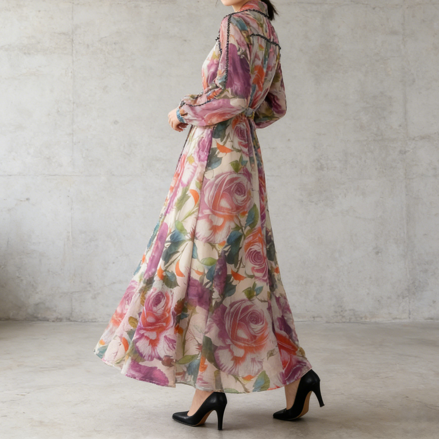 【ワンピース】フレンチエレガント ビジュー装飾 長袖 襟付き ウエストマーク 体型カバー 花柄 フレア ロングワンピースレディース
【SHシリーズ】