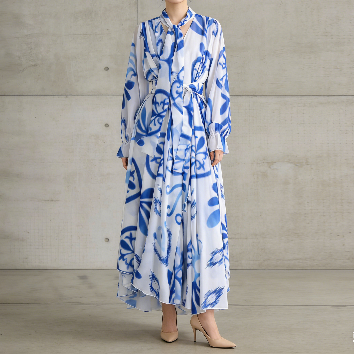 【ワンピース】フレンチエレガンス 気質 レディース シフォン 長袖ワンピース 蝶結びネック フレア 大人可愛い【SHシリーズ】