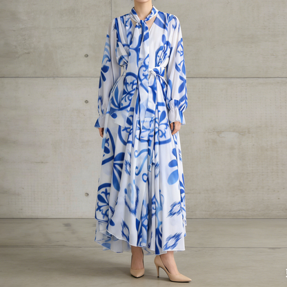 【ワンピース】フレンチエレガンス 気質 レディース シフォン 長袖ワンピース 蝶結びネック フレア 大人可愛い【SHシリーズ】