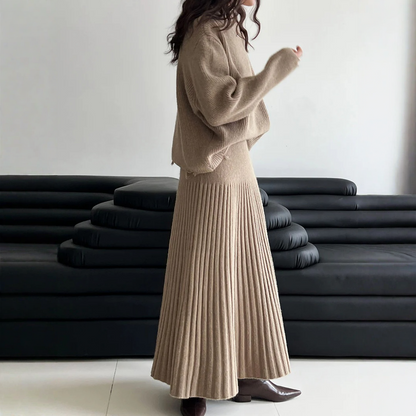 【セットアップ】春 秋 冬 クルーネック セーター + ハイウエスト  細見え プリーツスカート 2点セット 【JZシリーズ】