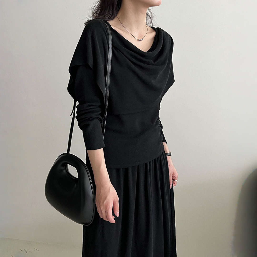 【ワンピース】春 秋 冬 スリムフィット ドレープネック ニット + ショール 2点セットアップ 【JZシリーズ】