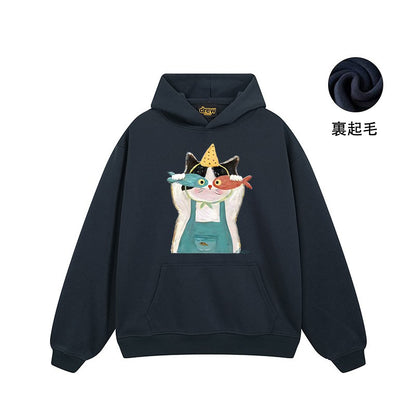 【トップス】🐱アメリカンストリート猫プリントパーカー ユニセックス コットン オーバーサイズ 秋冬コーデ【FCシリーズ】