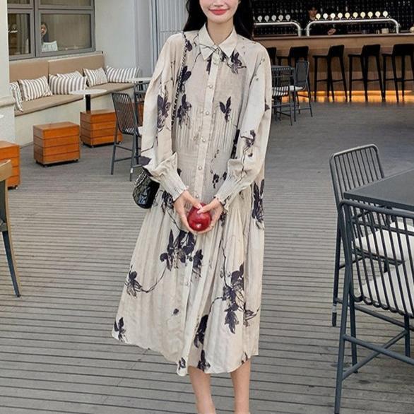 ワンピース】ボディラインを美しく見せる レトロ 花柄 プリーツ 長袖