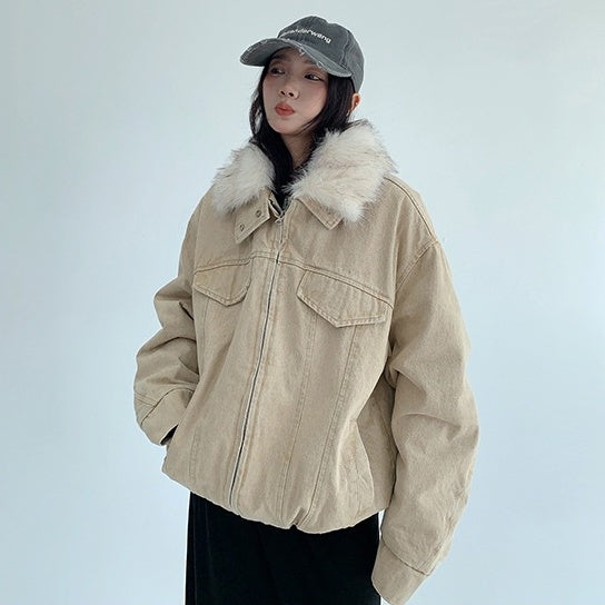 【アウター】春 秋 冬 ウォッシュド ヴィンテージ風 厚手 ファー襟 中綿 ジャケット 【FCシリーズ】