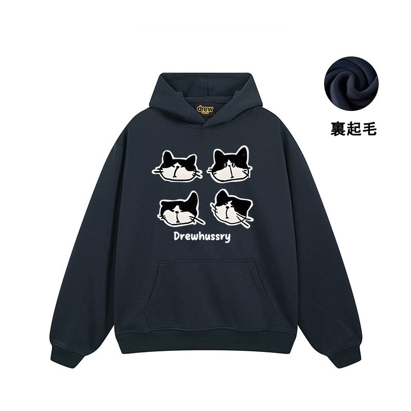 【トップス】🐱カートゥーン猫プリント裏起毛パーカー ユニセックス ペアルック 秋冬 カジュアル【FCシリーズ】