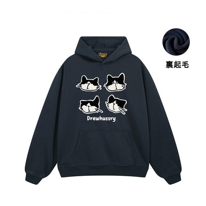 【トップス】🐱カートゥーン猫プリント裏起毛パーカー ユニセックス ペアルック 秋冬 カジュアル【FCシリーズ】