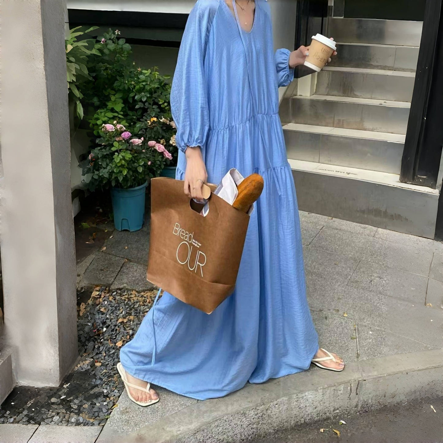 【ワンピース】7カラー 夏 韓国風 ゆったり 大きめサイズ ロング丈 無地 長袖ワンピース