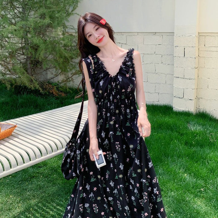 【ワンピース】花柄 キャミワンピース レディース 夏 ブラック Aライン ノースリーブ ロングワンピース 細見え 人気 リゾート風【SHシリーズ】