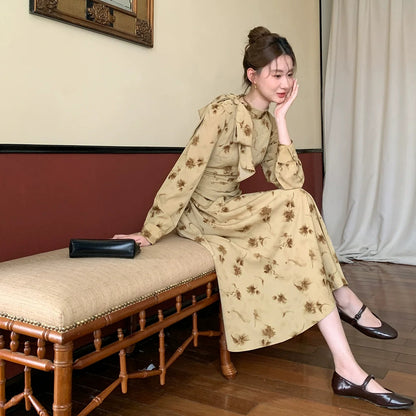 【ワンピース】春 秋 冬 リボンタイ襟 リント プリント ウエストマーク 花柄 ワンピース 【JZシリーズ】