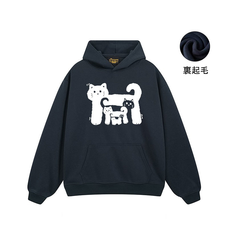 【トップス】🐱アメリカンストリート猫プリントコットンパーカー ユニセックス ペアルック 秋冬 スクール風【FCシリーズ】