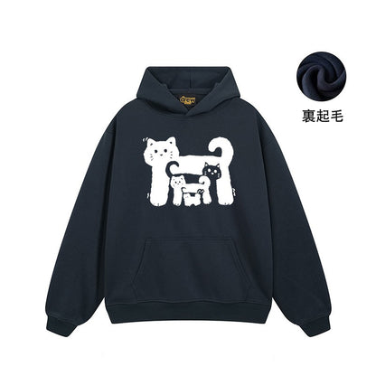 【トップス】🐱アメリカンストリート猫プリントコットンパーカー ユニセックス ペアルック 秋冬 スクール風【FCシリーズ】