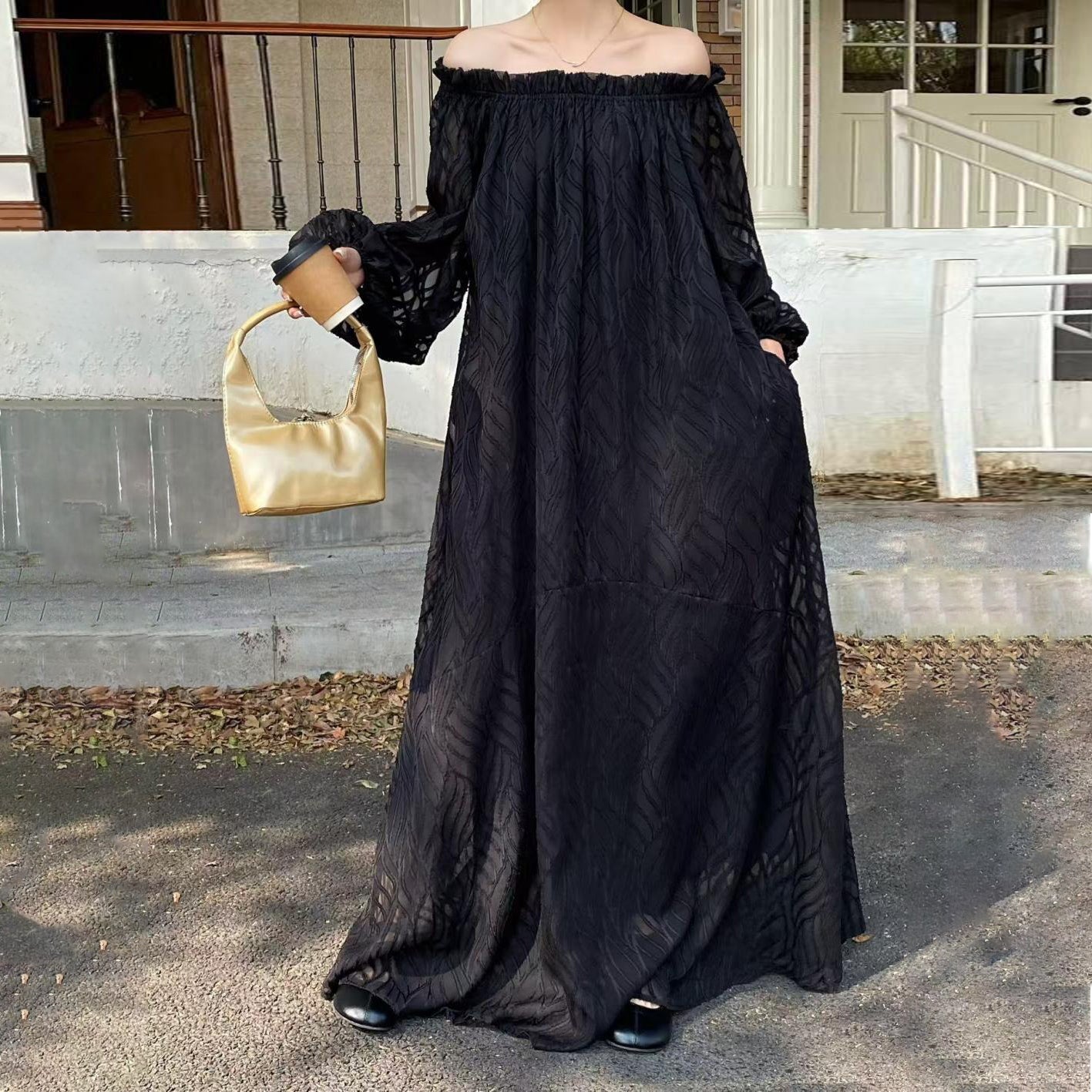 [洋裝] 韓版春夏露肩圓領2way寬鬆長袖連身裙