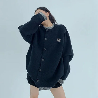 【アウター】春 秋 冬  厚手 フェイクレイヤード ボタン付き ニット ジャケット 【FCシリーズ】