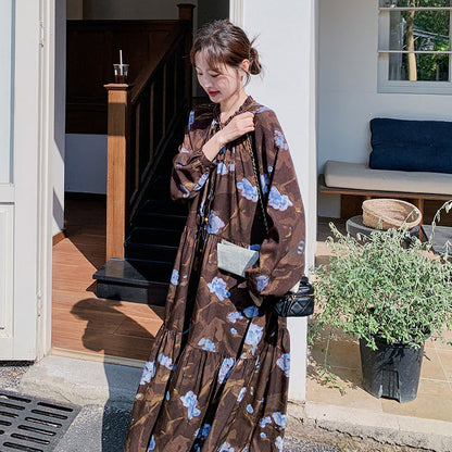 【ワンピース】ヴィンテージ風 フリルカラー 花柄 長袖ワンピース 2026春新作 小柄向け ロング丈【SHシリーズ】