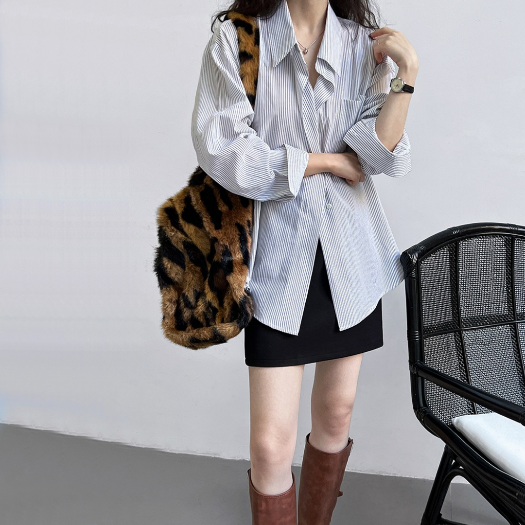 【トップス】春 秋 夏 ルーズ ストライプ ドロップショルダー シャツ 【JZシリーズ】