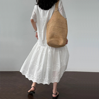 【ワンピース】夏 透かし彫り レース 刺繍 Vネック 半袖 ワンピース【SNシリーズ】