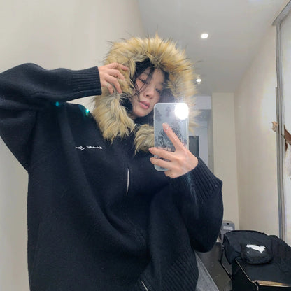 【アウター】春 秋 冬 ファーフード ヘビーウェイト 厚手 ニット ジャケット 【FCシリーズ】