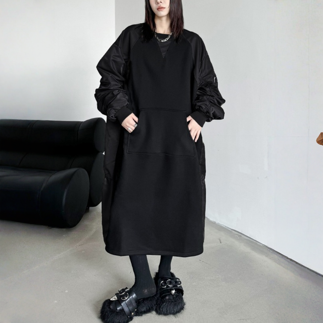 【ワンピース】春 秋 冬 クルーネック プリーツ配色切替 長袖 ワンピース 【AHシリーズ】