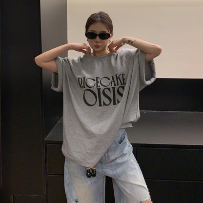 【トップス】韓国風 レタープリント パデッドスリーブ 半袖 ビッグTシャツ 【FCシリーズ】