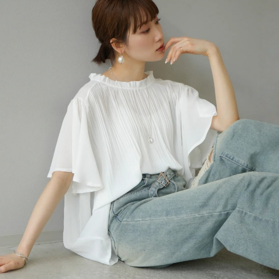 【トップス】プリーツ加工 無地 OL向け Ｔシャツ  【JZシリーズ】