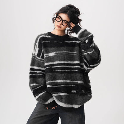 【60%OFF⭐️先行スタート！】【トップス】春 秋 冬 ストライプ柄 配色 ルーズ ニット ラウンドネック セーター 【FCシリーズ】