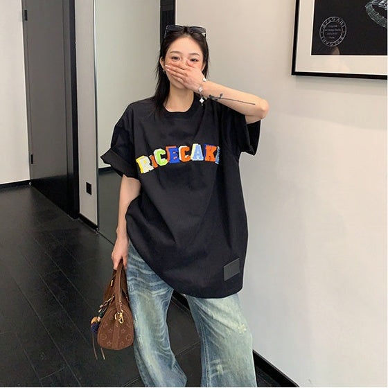 【トップス】ドーパミンカラー  ミニマル ワッペン刺繍 オーバーサイズ  Ｔシャツ  【FCシリーズ】