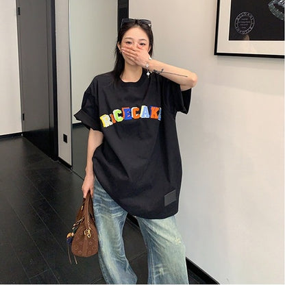 【トップス】ドーパミンカラー  ミニマル ワッペン刺繍 オーバーサイズ  Ｔシャツ  【FCシリーズ】