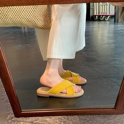 【シューズ】リゾート風 クロス編み オープントゥ サンダル