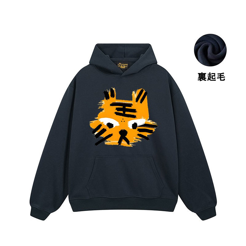 【トップス】🐱ストリートタイガーヘッドプリント裏起毛パーカー ユニセックス ペアルック 秋冬 オーバーサイズ【FCシリーズ】