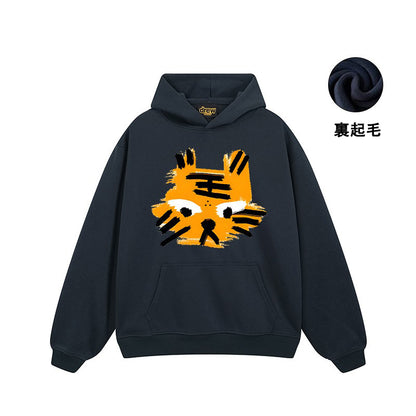 【トップス】🐱ストリートタイガーヘッドプリント裏起毛パーカー ユニセックス ペアルック 秋冬 オーバーサイズ【FCシリーズ】