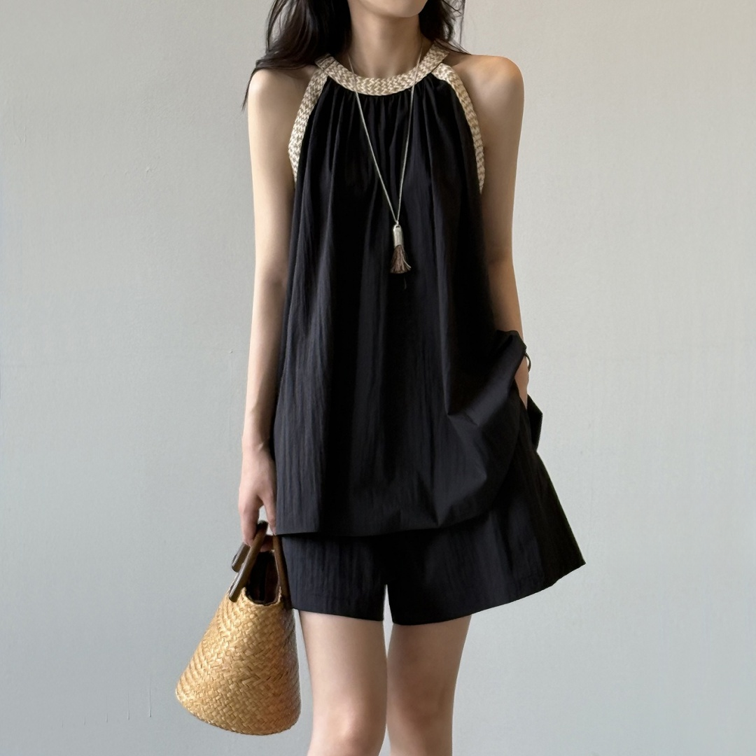 🎉 売り上げ急上昇！2点セット【セットアップ】夏 ラウンドネック フリルギャザー タンクトップ + ショートパンツ 2点上下セット 【JZシリーズ】