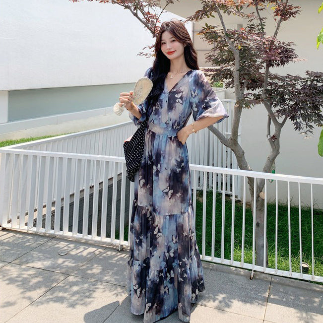 【ワンピース】リゾート風 ロマンティック 蝶々プリント Vネック 半袖ワンピース 高見え バルーンスリーブ サマードレス【SHシリーズ】