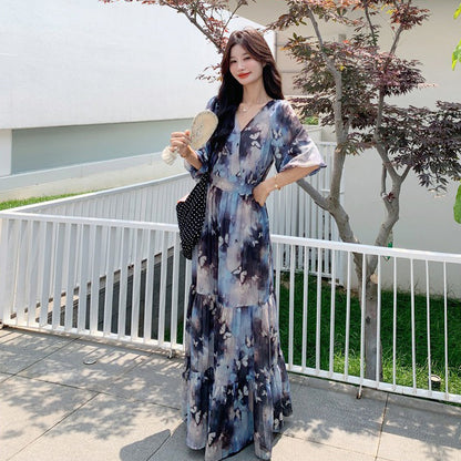 【ワンピース】リゾート風 ロマンティック 蝶々プリント Vネック 半袖ワンピース 高見え バルーンスリーブ サマードレス【SHシリーズ】