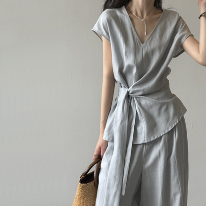 【セットアップ】【単品注文】夏 Vネック ノースリーブ シャツ + ワイドパンツ 2点上下セット 【SNシリーズ】