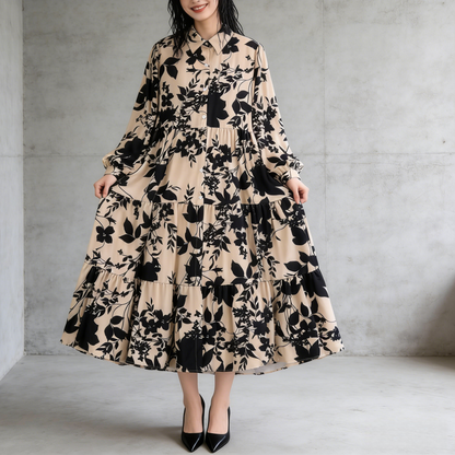 【60%OFF⭐️早い者勝ち】【ワンピース】プリント シングルボタン シャツ ロング丈 長袖 ワンピース 【SHシリーズ】