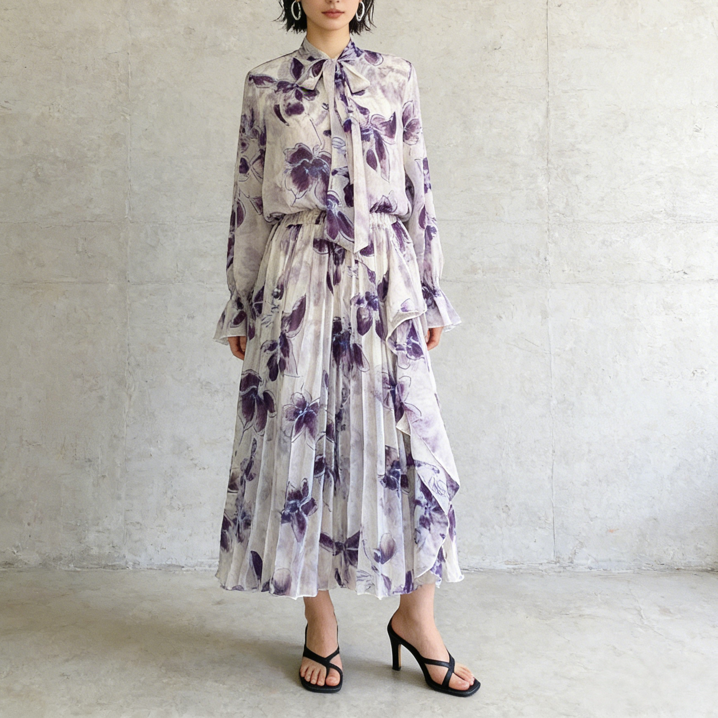 期間限定⭐️60%OFF【ワンピース】リボン付き シフォン ハイウエスト 小花柄 長袖 ワンピース 【SHシリーズ】