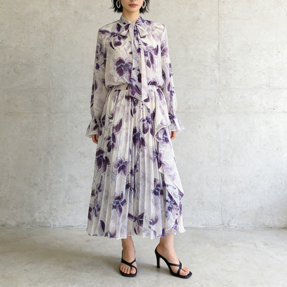 期間限定⭐️60%OFF【ワンピース】リボン付き シフォン ハイウエスト 小花柄 長袖 ワンピース 【SHシリーズ】