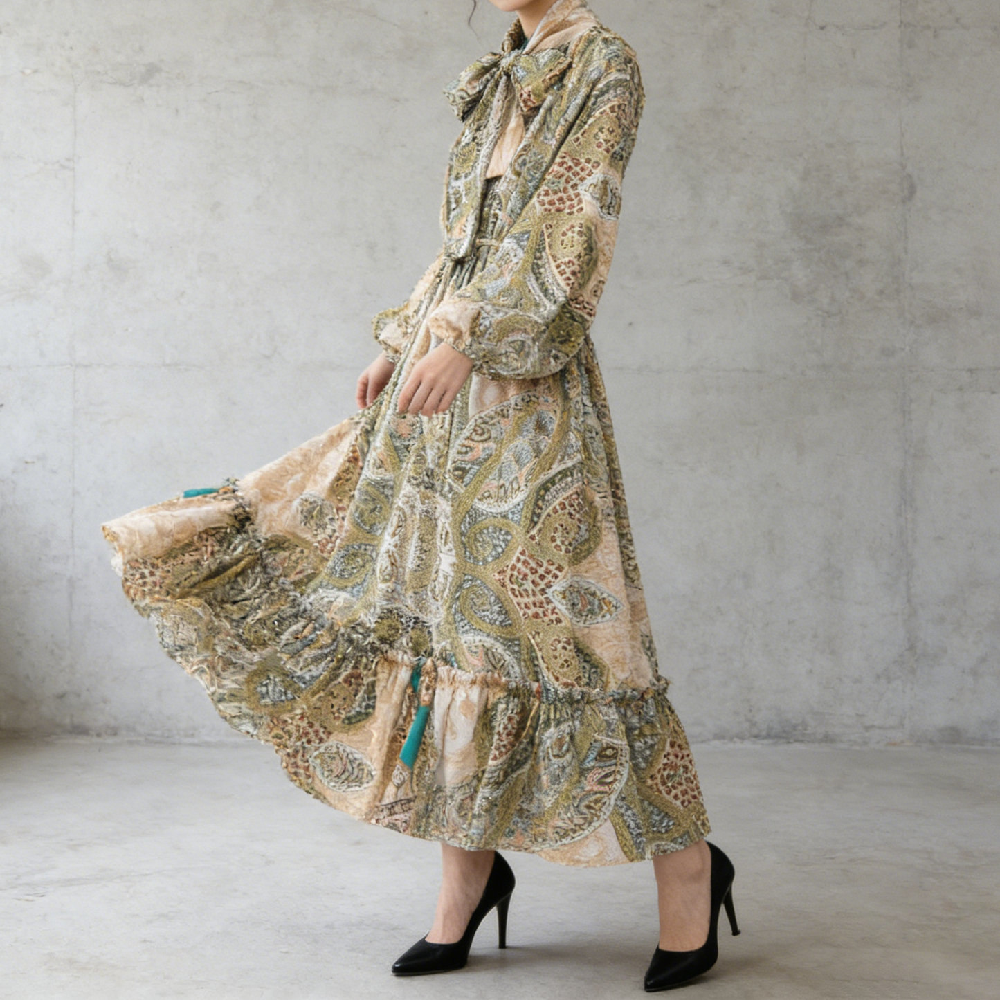 【ワンピース】レトロ風 長袖 リボン付き ウエストマーク Aライン 花柄プリント ランタンスリーブ ワンピース エレガント ロングワンピース レディース【SHシリーズ】