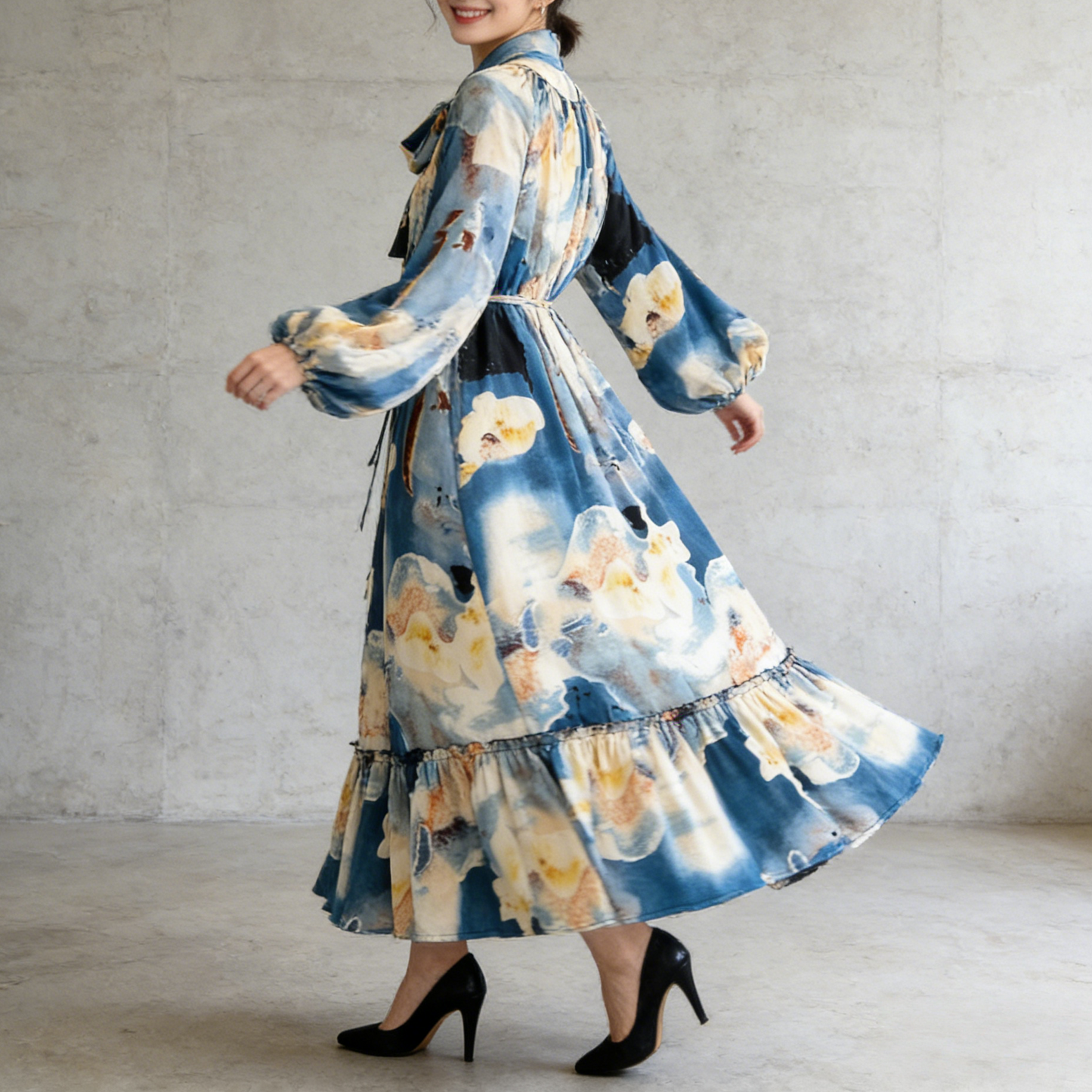 【60%OFF⭐️早い者勝ち】【ワンピース】リボン ウエストマーク Aライン フレア フリル プリント 長袖 ワンピース 【SHシリーズ】